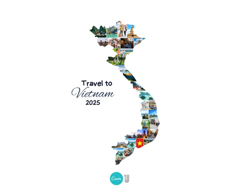 May include: A white background with a map of Vietnam filled with various travel photos. The text "Travel to Vietnam 2025" is displayed in elegant script. A travel-themed graphic.