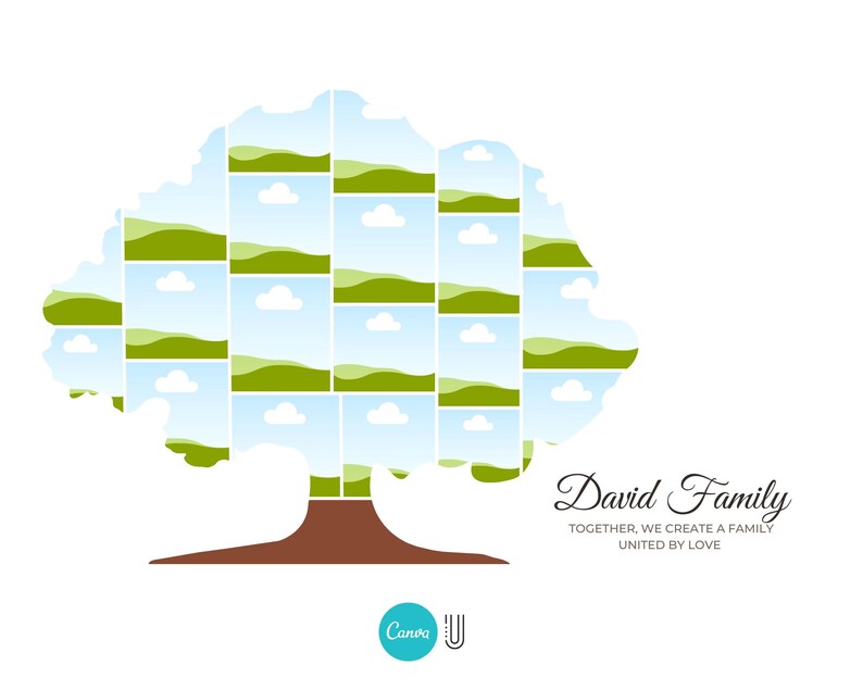 May include: A green and blue family tree illustration with the text "David Family" and "Together, we create a family united by love".