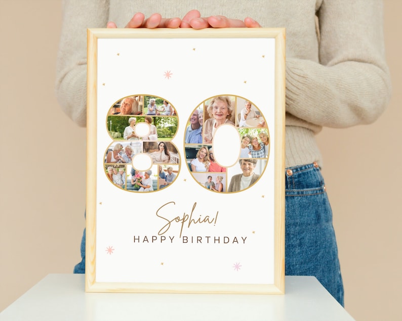 May include: A white photo collage in a wooden frame with a gold outline of the number 80. The collage is made up of photos of people. The text "Sophia! Happy Birthday" is written below the collage.