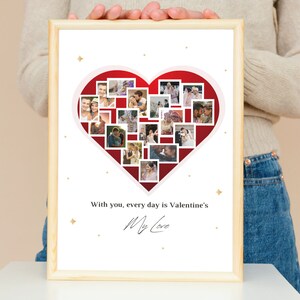 Puede incluir: Una impresi&oacute;n enmarcada con un coraz&oacute;n rojo hecho de fotos m&aacute;s peque&ntilde;as. El coraz&oacute;n est&aacute; rodeado de purpurina dorada. El texto debajo del coraz&oacute;n dice "Contigo, cada d&iacute;a es San Valent&iacute;n Mi Amor".