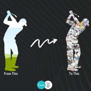 May include: A silhouette of a golfer is transformed into a collage of colorful paper scraps. The image shows a simple silhouette on the left and a more complex, textured version on the right. The text "From This" is below the silhouette and "To This" is below the collage.