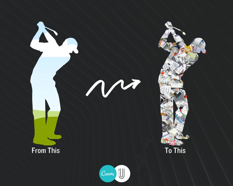 May include: A silhouette of a golfer is transformed into a collage of colorful paper scraps. The image shows a simple silhouette on the left and a more complex, textured version on the right. The text "From This" is below the silhouette and "To This" is below the collage.