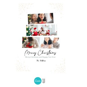 May include: A Christmas card with a collage of photos of a family celebrating Christmas. The card has a white background with gold glitter and the text "Merry Christmas" and "Merry Christmas and Happy New Year".