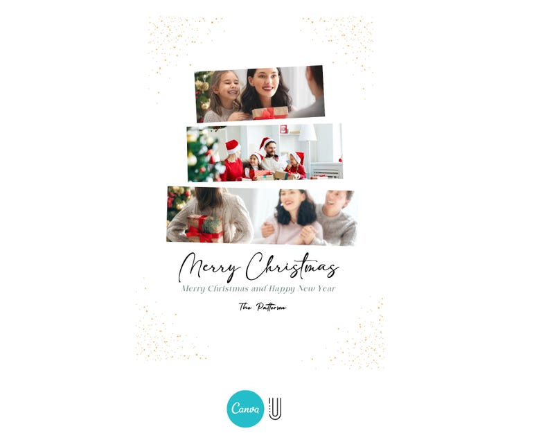 May include: A Christmas card with a collage of photos of a family celebrating Christmas. The card has a white background with gold glitter and the text "Merry Christmas" and "Merry Christmas and Happy New Year".