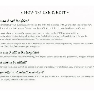 May include: A digital instructional guide titled HOW TO USE & EDIT. It outlines four sections: How do I edit the files, What can I edit in the template, What cannot be edited, and Do you offer customization services, detailing Canva template usage.