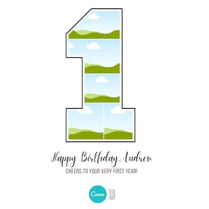 Puede incluir: Una tarjeta de cumplea&ntilde;os verde y azul con el n&uacute;mero uno en un marco. El n&uacute;mero uno est&aacute; formado por cinco im&aacute;genes diferentes de un campo verde con un cielo azul y nubes blancas. El texto "Happy Birthday Andrew" y "Cheers to your very first year!" est&aacute; debajo del n&uacute;mero uno.