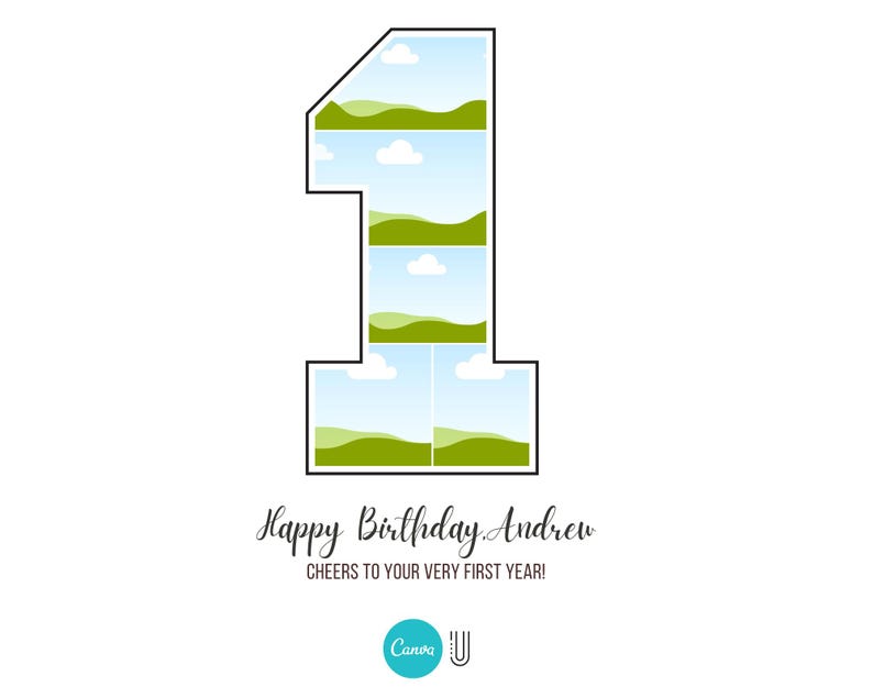 Puede incluir: Una tarjeta de cumplea&ntilde;os verde y azul con el n&uacute;mero uno en un marco. El n&uacute;mero uno est&aacute; formado por cinco im&aacute;genes diferentes de un campo verde con un cielo azul y nubes blancas. El texto "Happy Birthday Andrew" y "Cheers to your very first year!" est&aacute; debajo del n&uacute;mero uno.