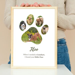 May include: A framed print featuring a paw print design with images of dogs inside. The print includes the name "Titoo" and the text "When I needed a Comfort, I found your little Paw". The frame is made of light-colored wood.