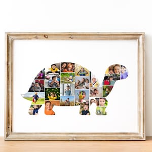 May include: A framed photo collage in the shape of a turtle. The collage is filled with various photos of children. The frame is a light brown colour and has a rustic appearance. The background is white.