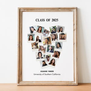 May include: A framed print featuring a heart-shaped collage of photos. The print includes the text "CLASS OF 2025", the name "Julianne Parker", and "University of Southern California". The frame is a light brown color.