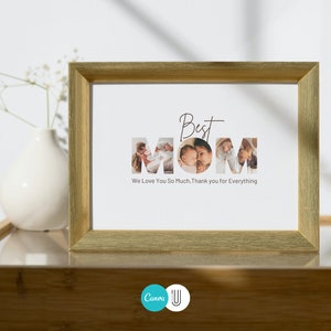 K&ouml;nnte beinhalten: Ein gerahmtes Foto mit einem goldenen Rahmen. Das Foto zeigt das Wort "MOM" mit einem Foto einer Familie in jedem Buchstaben. Der Text unter dem Foto lautet "We Love You So Much, Thank you for Everything".