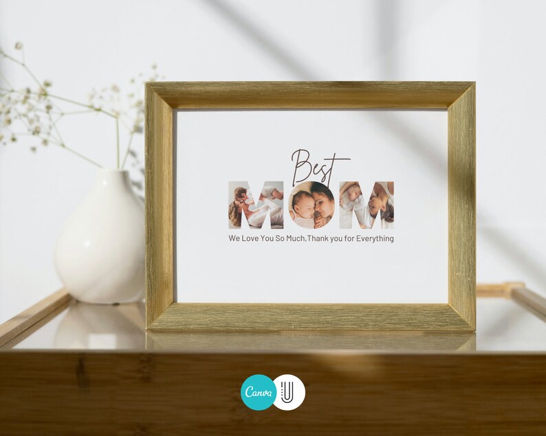 K&ouml;nnte beinhalten: Ein gerahmtes Foto mit einem goldenen Rahmen. Das Foto zeigt das Wort "MOM" mit einem Foto einer Familie in jedem Buchstaben. Der Text unter dem Foto lautet "We Love You So Much, Thank you for Everything".