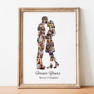 May include: A framed photo collage in a light brown wooden frame. The collage is in the shape of two people kissing, filled with multiple smaller photos. The words "Forever Yours" and names are printed at the bottom.