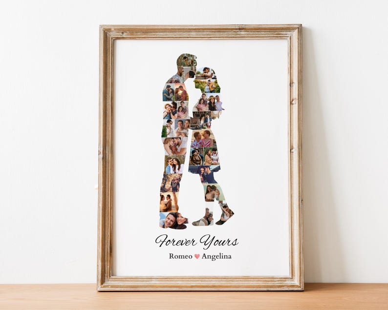 May include: A framed photo collage in a light brown wooden frame. The collage is in the shape of two people kissing, filled with multiple smaller photos. The words "Forever Yours" and names are printed at the bottom.