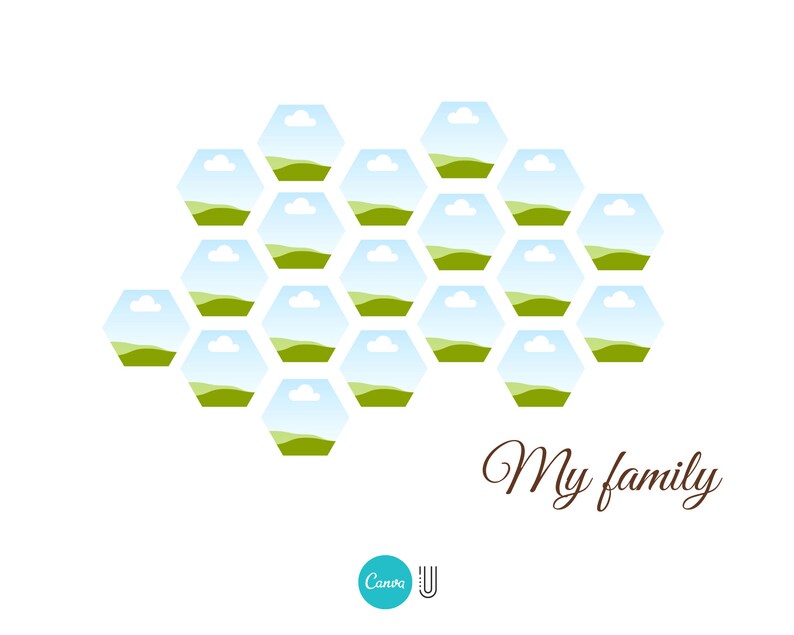 Puede incluir: Un patr&oacute;n de panal de hex&aacute;gonos verdes y azules con una nube blanca y un campo verde dentro de cada hex&aacute;gono. El texto "My family" est&aacute; escrito en cursiva marr&oacute;n debajo del patr&oacute;n de panal.