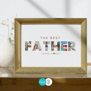 Puede incluir: Un marco dorado con la frase "THE BEST FATHER IN THE WORLD" en letras marrones. Las letras de "FATHER" est&aacute;n rellenas de fotos familiares. El marco est&aacute; sobre una superficie de madera.