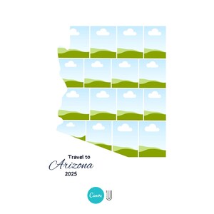 May include: A white graphic featuring the outline of Arizona, filled with landscape images of blue skies, green hills, and white clouds. The text "Travel to Arizona 2025" is written in a script font.