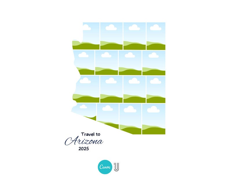 May include: A white graphic featuring the outline of Arizona, filled with landscape images of blue skies, green hills, and white clouds. The text "Travel to Arizona 2025" is written in a script font.