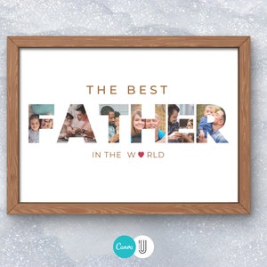 Puede incluir: Impresi&oacute;n enmarcada con las palabras "THE BEST FATHER IN THE WORLD". La palabra "FATHER" est&aacute; compuesta por fotos familiares. El marco es de color marr&oacute;n claro y el fondo es blanco con un sutil patr&oacute;n texturizado.