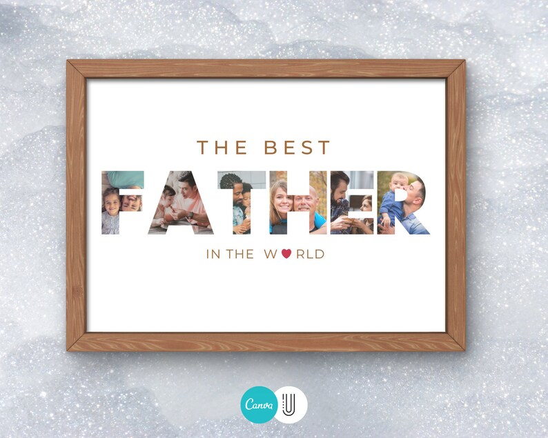 Puede incluir: Impresi&oacute;n enmarcada con las palabras "THE BEST FATHER IN THE WORLD". La palabra "FATHER" est&aacute; compuesta por fotos familiares. El marco es de color marr&oacute;n claro y el fondo es blanco con un sutil patr&oacute;n texturizado.