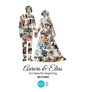 K&ouml;nnte beinhalten: Auf wei&szlig;em Hintergrund eine Silhouette eines Paares, gef&uuml;llt mit verschiedenen Fotos. Der Text "Aurora & Elias" ist in Schreibschrift geschrieben, mit "Our Beautiful Beginning" und dem Datum "20.11.2025" darunter. Unten befindet sich ein Canva-Logo.