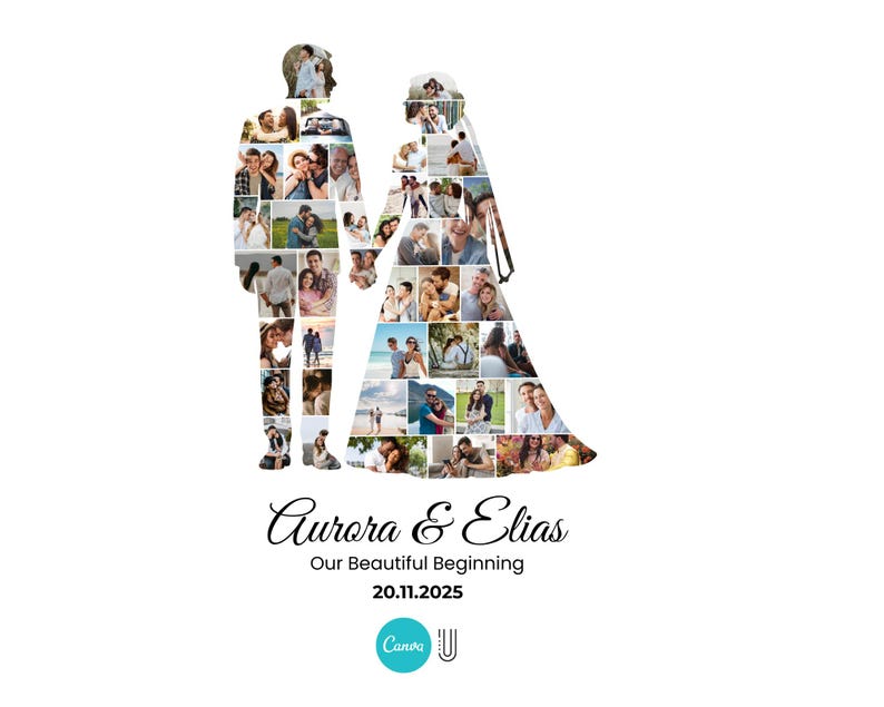 K&ouml;nnte beinhalten: Auf wei&szlig;em Hintergrund eine Silhouette eines Paares, gef&uuml;llt mit verschiedenen Fotos. Der Text "Aurora & Elias" ist in Schreibschrift geschrieben, mit "Our Beautiful Beginning" und dem Datum "20.11.2025" darunter. Unten befindet sich ein Canva-Logo.