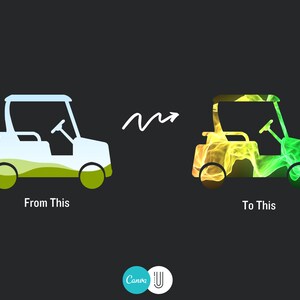 May include: A simple white outline of a golf cart is transformed into a vibrant image with yellow, orange, and green flames.