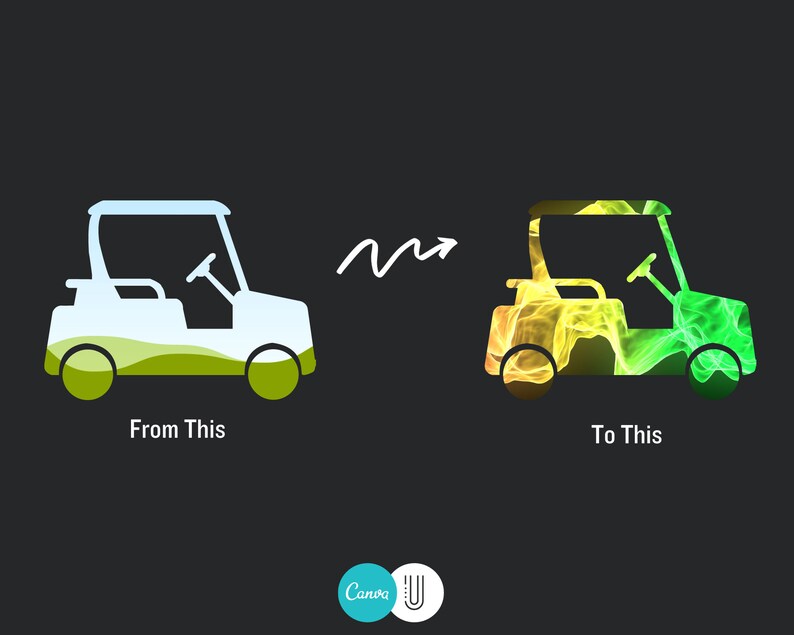 May include: A simple white outline of a golf cart is transformed into a vibrant image with yellow, orange, and green flames.