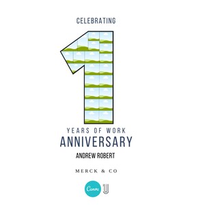 May include: A white graphic with the number one, filled with a landscape design, celebrating an anniversary. The text reads "Celebrating Years of Work Anniversary Andrew Robert Merck & Co". A Canva logo is at the bottom.