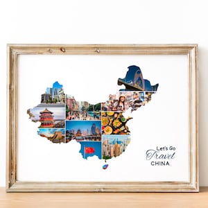 May include: A collage of images depicting various landmarks and scenes from China, arranged in the shape of the country's map. The text "Let's Go Travel CHINA" is displayed at the bottom of the image.