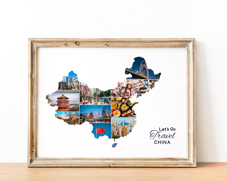 May include: A collage of images depicting various landmarks and scenes from China, arranged in the shape of the country's map. The text "Let's Go Travel CHINA" is displayed at the bottom of the image.