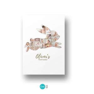 Pode incluir: Impress&atilde;o retangular branca com uma silhueta de coelho preenchida com fotos de beb&ecirc;s. O texto "Oliver's First Easter" est&aacute; em escrita dourada. O logotipo da Canva est&aacute; no canto inferior direito.