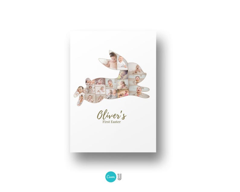 Pode incluir: Impress&atilde;o retangular branca com uma silhueta de coelho preenchida com fotos de beb&ecirc;s. O texto "Oliver's First Easter" est&aacute; em escrita dourada. O logotipo da Canva est&aacute; no canto inferior direito.
