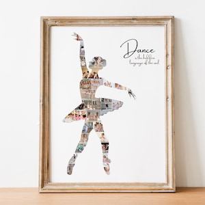 May include: A framed print with a ballerina silhouette made up of small photographs. The artwork is in a light wood frame. The text "Dance is the hidden language of the soul" is written in script above the ballerina figure.