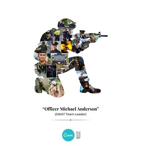 Pu&ograve; includere: Silhouette di un ufficiale SWAT composta da varie immagini di agenti di polizia ed equipaggiamento. L'ufficiale &egrave; in posizione di tiro, con un fucile. Il testo in basso recita "Officer Michael Anderson" (Capo squadra SWAT).