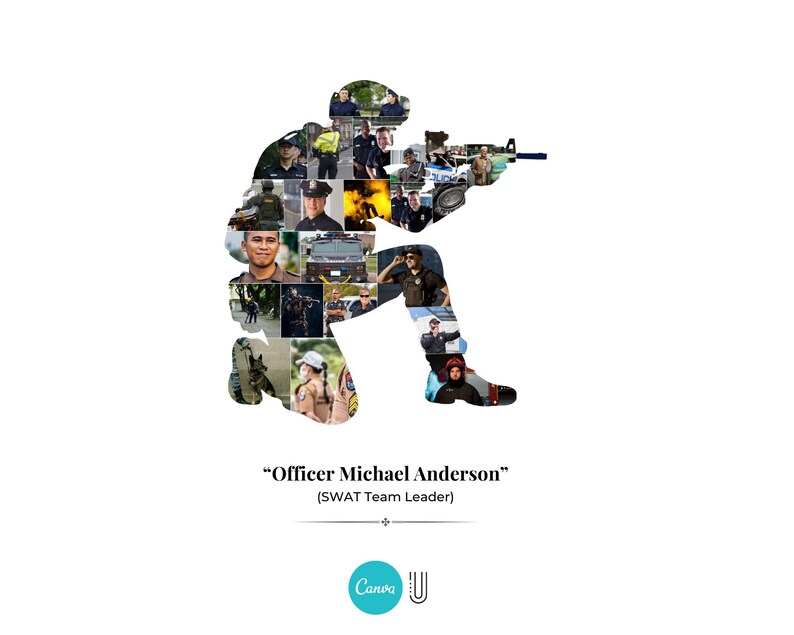 Pu&ograve; includere: Silhouette di un ufficiale SWAT composta da varie immagini di agenti di polizia ed equipaggiamento. L'ufficiale &egrave; in posizione di tiro, con un fucile. Il testo in basso recita "Officer Michael Anderson" (Capo squadra SWAT).