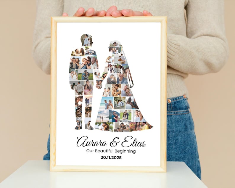 K&ouml;nnte beinhalten: Ein gerahmter Druck mit einer Collage von Fotos in Form eines Brautpaares. Der Druck enth&auml;lt die Namen "Aurora & Elias" und das Datum "20.11.2025". Der Rahmen ist hellbraun.