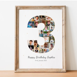 Pu&ograve; includere: Una foto incorniciata bianca con un collage di foto a forma del numero 3. Le foto sono di un bambino piccolo. Il testo "Happy Birthday Sophia" e "14th January 2025" &egrave; stampato sotto il collage.