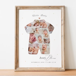 New Baby Boy Gift, Digital Newborn Birth Details,Baby Photo Collage Template, Editable Baby Costume Shape Canva Template,Birth Stats