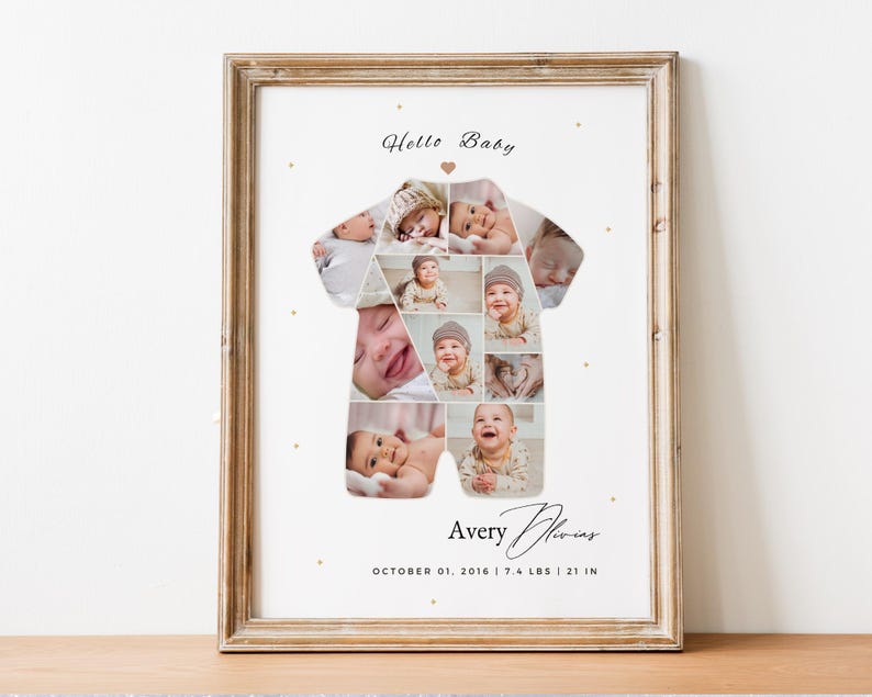 Newborn Photo Collage Template: Baby Boy Birth Stats (Canva Editable, Digital Download)