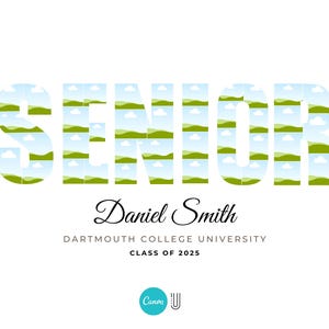 Pu&ograve; includere: Un annuncio di laurea con la parola "SENIOR" scritta in piastrelle verdi e blu. L'annuncio include anche il nome "Daniel Smith", il testo "Dartmouth College University" e "Class of 2025".