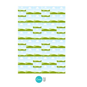 Op de afbeelding: Een raster van kleine landschapsafbeeldingen, elk met een blauwe lucht met witte wolken en een groene heuvel. De afbeeldingen zijn gerangschikt in een herhalend patroon. Het Canva-logo staat in het midden onderaan.