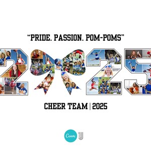 Pu&ograve; includere: Un design grafico bianco con la scritta "PRIDE. PASSION. POM-POMS" sopra i numeri "2025". I numeri sono riempiti con foto di cheerleader. Le parole "CHEER TEAM | 2025" sono sotto.