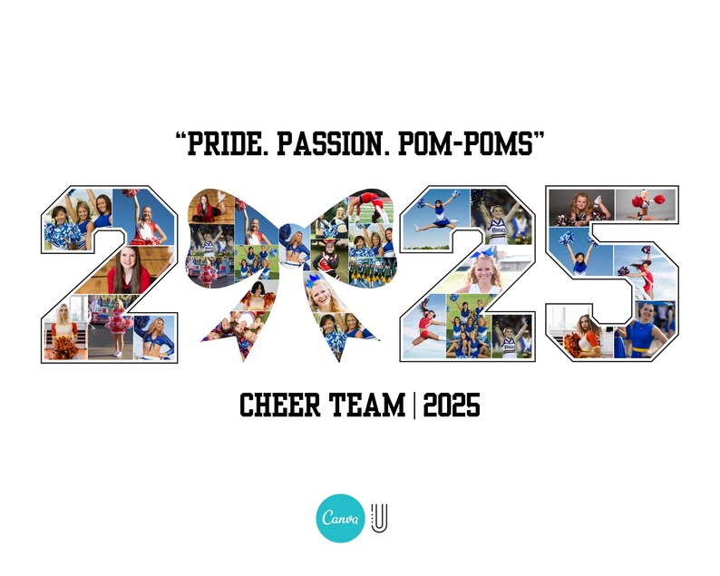 Pu&ograve; includere: Un design grafico bianco con la scritta "PRIDE. PASSION. POM-POMS" sopra i numeri "2025". I numeri sono riempiti con foto di cheerleader. Le parole "CHEER TEAM | 2025" sono sotto.