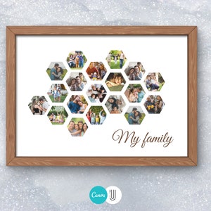Puede incluir: Un collage de fotos de familia enmarcado en un patr&oacute;n de panal con el texto "Mi familia" debajo de las fotos.