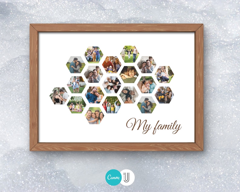 Puede incluir: Un collage de fotos de familia enmarcado en un patr&oacute;n de panal con el texto "Mi familia" debajo de las fotos.