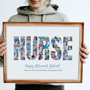 May include: A framed photograph collage of nurses spelling out the word "NURSE" in a blue and white colour scheme. The text "Happy Retirement, Gabriel!" and "Thank you for your exceptional care and dedication" is printed below the collage.