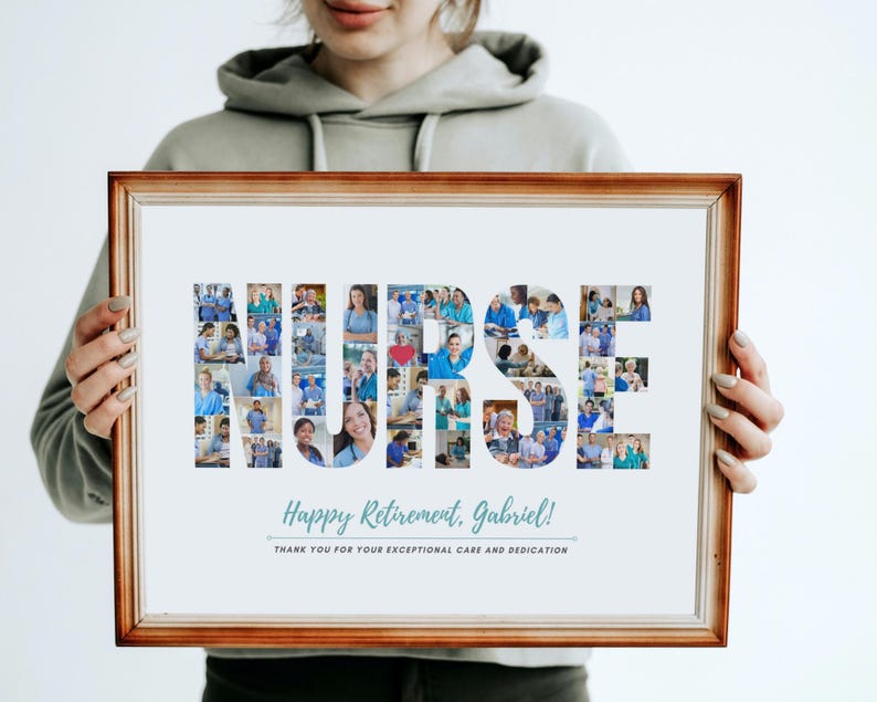 May include: A framed photograph collage of nurses spelling out the word "NURSE" in a blue and white colour scheme. The text "Happy Retirement, Gabriel!" and "Thank you for your exceptional care and dedication" is printed below the collage.