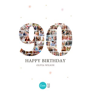 May include: A photo collage in the shape of the number 90, made up of many smaller photos of people. The text "HAPPY BIRTHDAY OLIVIA WILSON" is below the number.