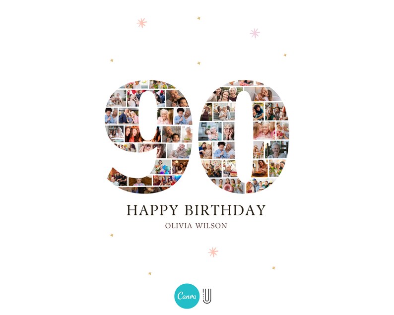 May include: A photo collage in the shape of the number 90, made up of many smaller photos of people. The text "HAPPY BIRTHDAY OLIVIA WILSON" is below the number.